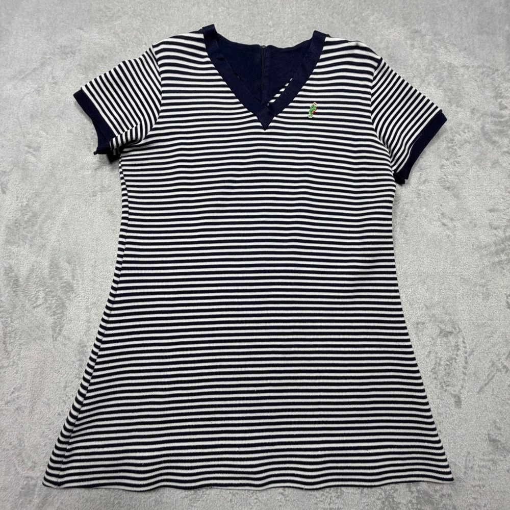 Vintage 1960s Nautical Navy White Striped Knit mini Shift Dress Seahorse Small